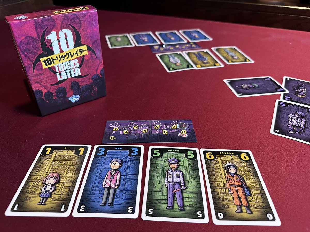 michaeldilisio's tweet photo. I’ve played some trick takers with terrific themes lately. #GuiltyFoodTricks (@fudacoma_games) is about influencers posting food pics, while avoiding decadent dishes. 10 Tricks Later (@AaAaAa_Games) is about getting survivors behind a barricade before they get eaten by zombies. https://t.co/p8du6FFJdi
