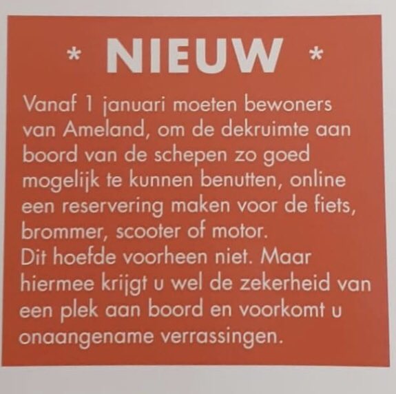 Per 1 januari 2024 zijn er nieuwe regels voor de oversteek naar #Ameland. Zowel personen als 2-wielers moeten een plek op de boot reserveren. Voor Amelanders geldt alleen de 2-wielers als nieuwe actie.