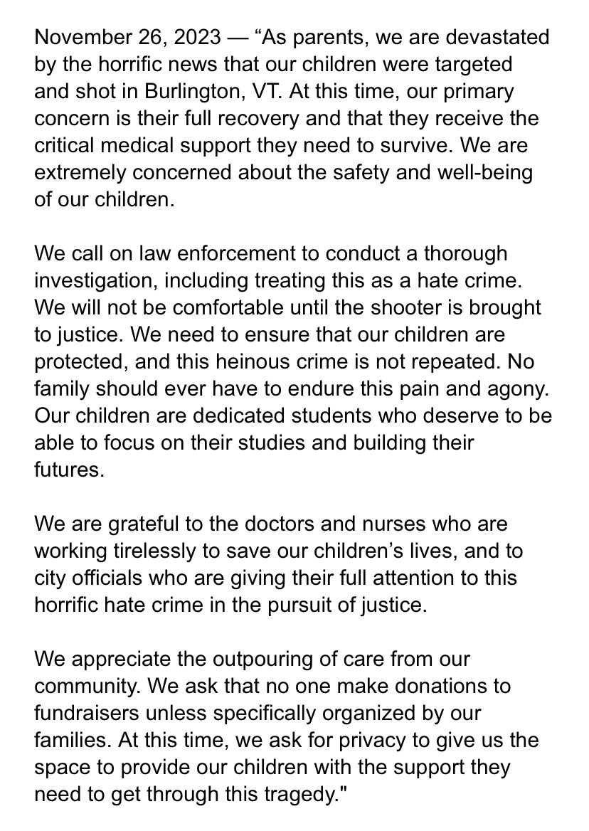 Per <a href="/ABC/">ABC News</a>, A joint statement from the families of the 3 men shot in Burlington, last night.  

Also, the President has been briefed on what happened, and will continue to receive updates.  <a href="/WVNYWFFF/">ABC22 & FOX44</a> #VT