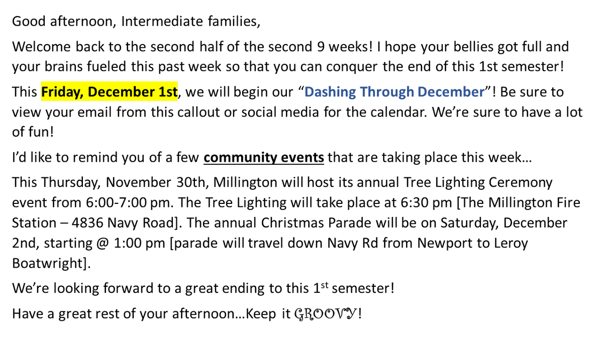 MillingtonInte2's tweet photo. ❄️Callout for 11/27-12/1❄️
#MIS #MotivateInspireSucceed #CommunityEvents #TreeLighting #Parade https://t.co/DhDqpZ94EM