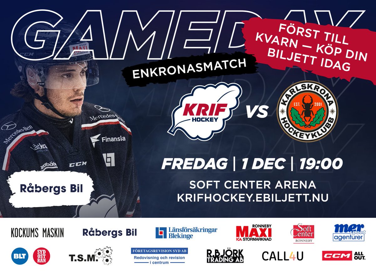 KRIFHockey's tweet photo. Årets match! Derby mot KHK!
✔️Biljetter https://t.co/eXLcOLmOJn - först till kvarn!
✔️Serveringstält utanför arenan öppnar kl 17.15 (öl o vinrättigheter)
✔️Möbelmästarna VIP Lounge är utsåld!
✔️50/50 https://t.co/QGaeOCBW4v
#KRIF #KHKofficiella #blackbugs #wa https://t.co/vxf9fFjgVS