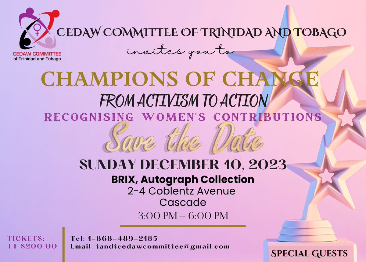Save the Date - #CCoTT’s CHAMPIONS OF CHANGE Awards Ceremony: 
📅 Sunday, 10 December 2023 – Human Rights Day 
📍 Venue: Brix, Autograph Collection, 2-4 Coblentz Avenue, Cascade
🕕 Time: 3:00 p.m. – 6:00 p.m.

An Intergenerational Evening to Commemorate the UN’s #16DaysOfActivism