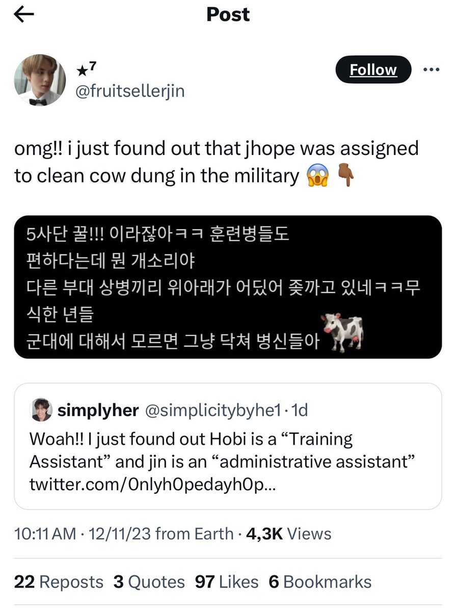 the_popbasa's tweet photo. BTS #JHope was reportedly assigned to clean Cow dung during his Military Service 

JHope has to last 12 hours cleaning sh!t from 4:00 am to 4:00 pm https://t.co/v7ee2c57Pe