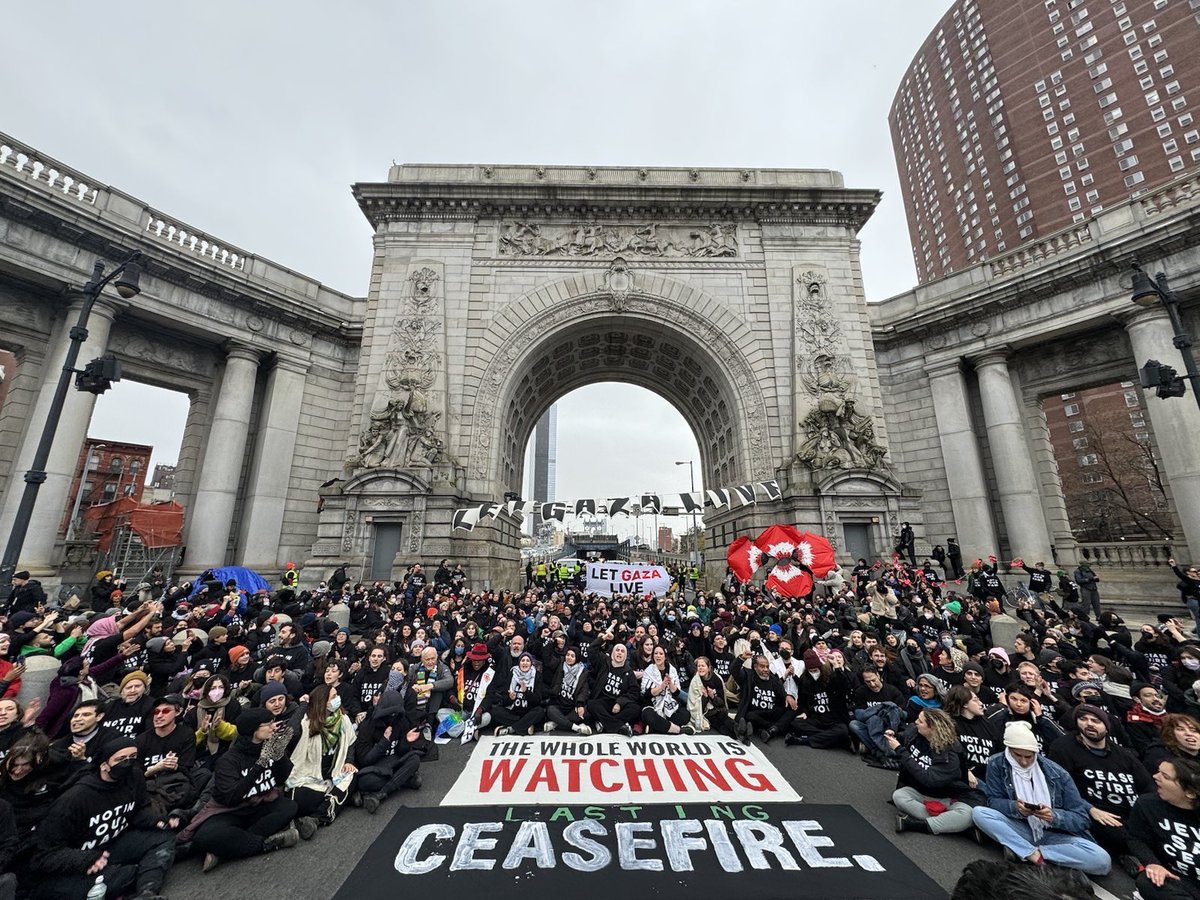 HAPPENING NOW: Thousands are shutting down the Manhattan Bridge on the busiest travel day of the year, refusing to leave until Biden calls for a permanent ceasefire in Gaza.

We will make business as usual impossible until the US stops funding and fueling a genocide.