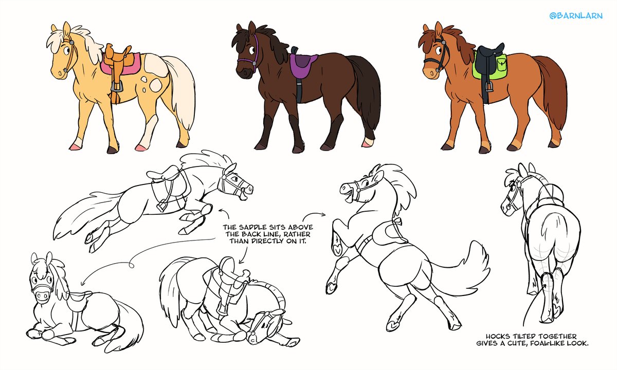 BarnLarn's tweet photo. Been thinking about simplified, animation-friendly horse designs that balance appeal &amp; accurate anatomy/tack. These aren't super comprehensive, but I think I like where they're going. https://t.co/enQi65facD