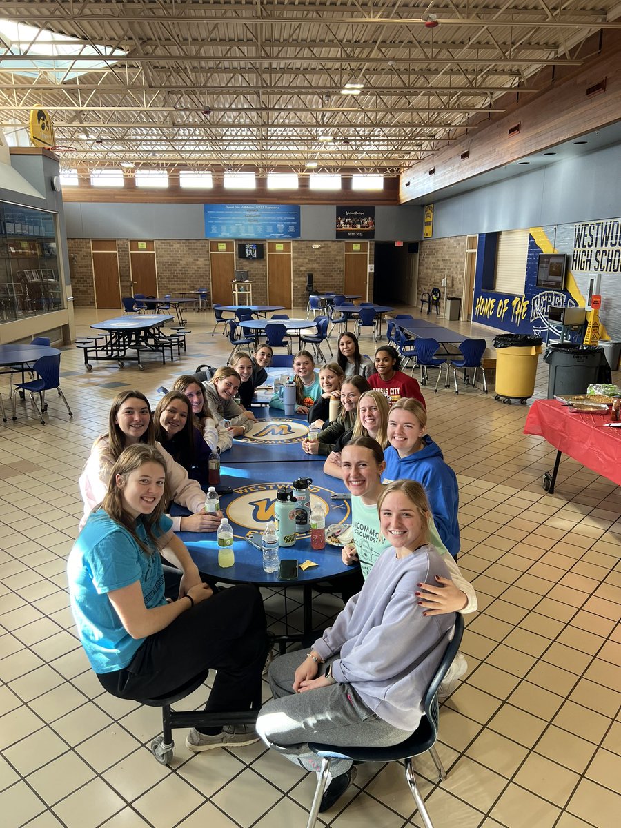 girls_westwood's tweet photo. Girls are fueled up after a delicious lunch from the junior/senior parents! Thank you! Home game tomorrow vs Akron Westfield. @WCSDRebels 💛💙🏀 https://t.co/5FxH72Rnpl