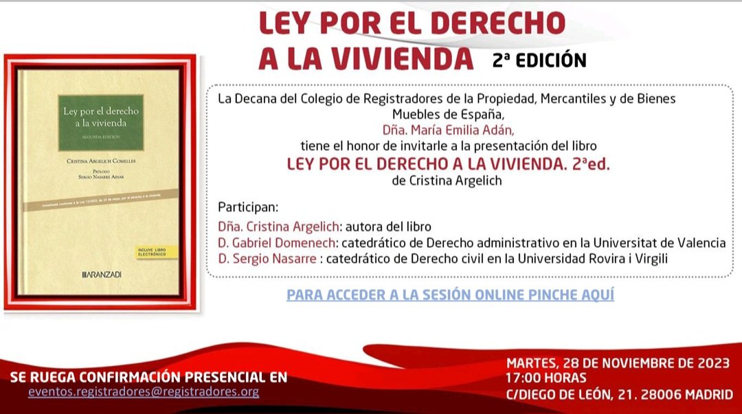 Registradores de España (@registrador_es) on Twitter photo Hoy a las 17 h. tendrá lugar la presentación de la 2ª ed. del libro de <a href="/CrisArgelich/">Cristina Argelich Comelles</a> "Ley por el derecho a la vivienda", a la que asisten los catedráticos <a href="/GDomenechP/">Gabriel Doménech</a> <a href="/UV_EG/">Universitat València</a> y <a href="/SNasarreA/">Sergio Nasarre Aznar</a> <a href="/housingchairurv/">Cátedra UNESCO de Vivienda</a> <a href="/universitatURV/">Universitat Rovira i Virgili</a>
Asist. virtual:
cutt.ly/cwEskg6v Hoy a las 17 h. tendrá lugar la presentación de la 2ª ed. del libro de <a href="/CrisArgelich/">Cristina Argelich Comelles</a> "Ley por el derecho a la vivienda", a la que asisten los catedráticos <a href="/GDomenechP/">Gabriel Doménech</a> <a href="/UV_EG/">Universitat València</a> y <a href="/SNasarreA/">Sergio Nasarre Aznar</a> <a href="/housingchairurv/">Cátedra UNESCO de Vivienda</a> <a href="/universitatURV/">Universitat Rovira i Virgili</a>
Asist. virtual:
cutt.ly/cwEskg6v