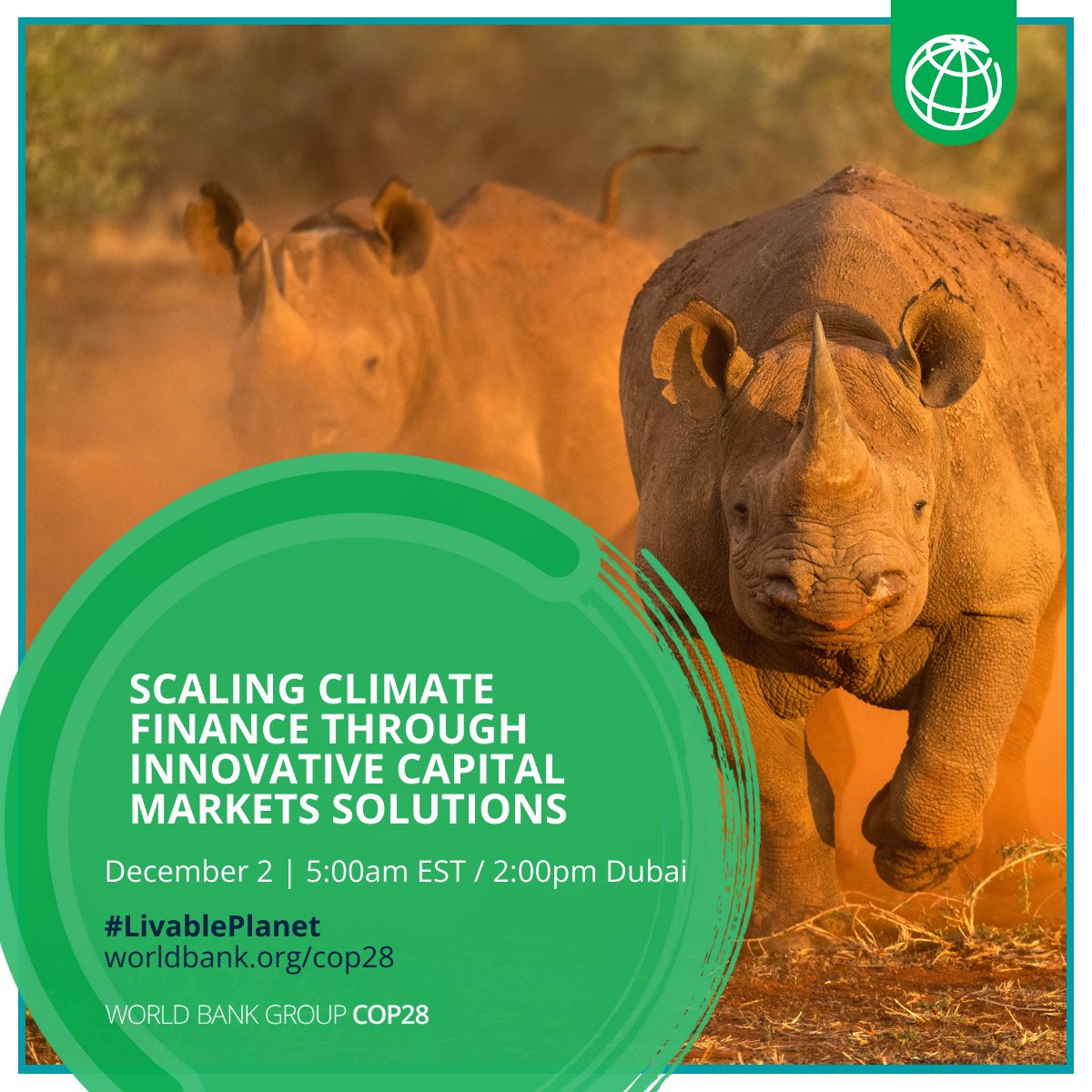 Hear from @COP28_UAE experts on how
#SustainabilityLinkedBonds
#OutcomeBonds (#RhinoBond)
#CatBonds
#HybridCapital
support climate action. 
Participate at #COP28UAE 

worldbank.org/en/events/2023…