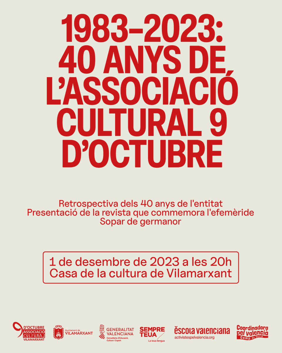 Quan es va crear <a href="/ac9octubre/">Associació Cultural 9 d'Octubre Vilamarxant</a>, jo era un adolescent, els carrers eren la meua pàtria i el temps, una sargantana corrent pel camp. Anys després, m’hi vaig incorporar i mai he deixat de pertànyer-hi.
Divendres toca celebrar-ho. Amb alegria, estima i gratitud. Sense nostàlgia.