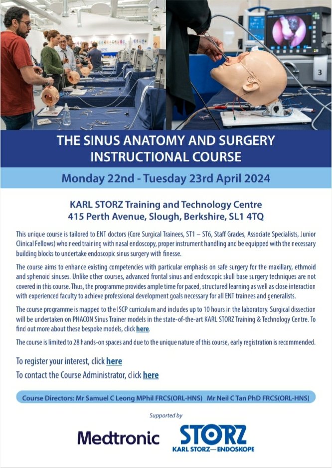 Liverpool Rhinology (@drsamuelleong) on Twitter photo The Sinus Anatomy and Surgical Instructional Course 2024 is now open for registration.
payments.liv.ac.uk/short-courses/…
May be of interest to trainees <a href="/brsjuniors/">BRS Juniors</a> <a href="/socialmediaAOT/">AOT</a> <a href="/ENT_UK/">ENT UK</a> <a href="/ERSJuniors/">ERS Junior Members</a> <a href="/ENTIntegrate/">ENT Integrate</a> The Sinus Anatomy and Surgical Instructional Course 2024 is now open for registration.
payments.liv.ac.uk/short-courses/…
May be of interest to trainees <a href="/brsjuniors/">BRS Juniors</a> <a href="/socialmediaAOT/">AOT</a> <a href="/ENT_UK/">ENT UK</a> <a href="/ERSJuniors/">ERS Junior Members</a> <a href="/ENTIntegrate/">ENT Integrate</a>