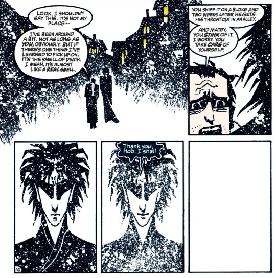 We don't talk about that. Hob has a thing to other people smell, that's important to him. And the last time he sees Dream he smells like death