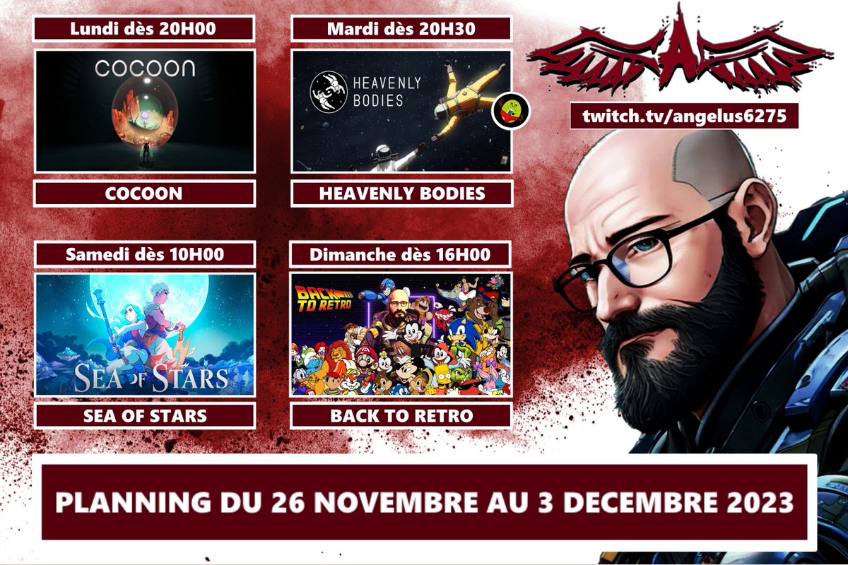 Et bonsoir les amis ! Voici le planning de la se emaine du 26/11 au 03/12/2023.

On fera HEAVENLY BODIES avec Superkeewee.

Pour la 4ème de BACK TO RETRO, on part redécouvrir ALEX KIDD IN MIRACLE WORLD (Master system).

 twitch.tv/angelus6275

Des bises les copains !