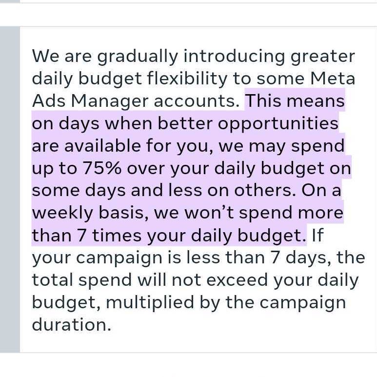 This big FB ads change sounds scary but it’s actually a great upgrade for advertisers.

The 25% daily budget buffer has been around for a while, meaning your $1,000 daily budget might spend as much as $1,250 in a day (but never more than $7,000 for a week).

With this new change,