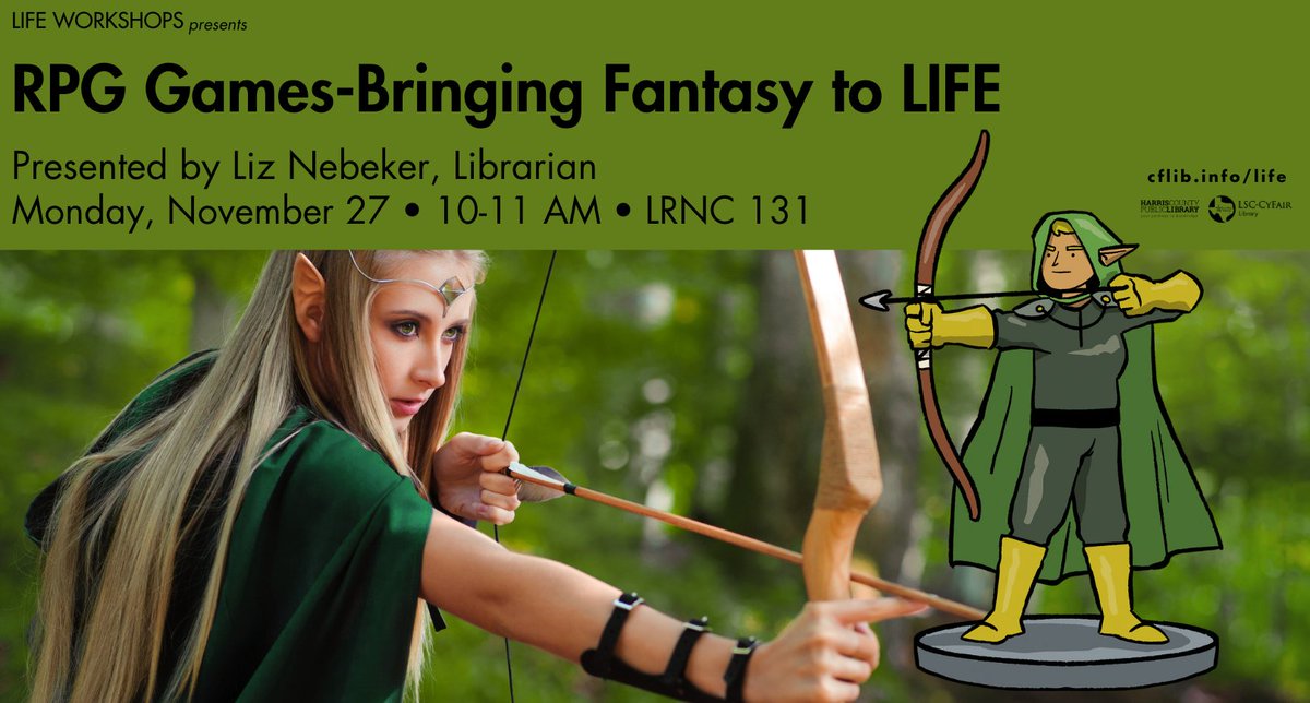 Join us at LIFE as we discover the world of Role Playing Games (RPG). Librarian Liz will take us on a journey through different types of RPGs, the benefits of playing these types of games, and play a sample of a fun RPG.