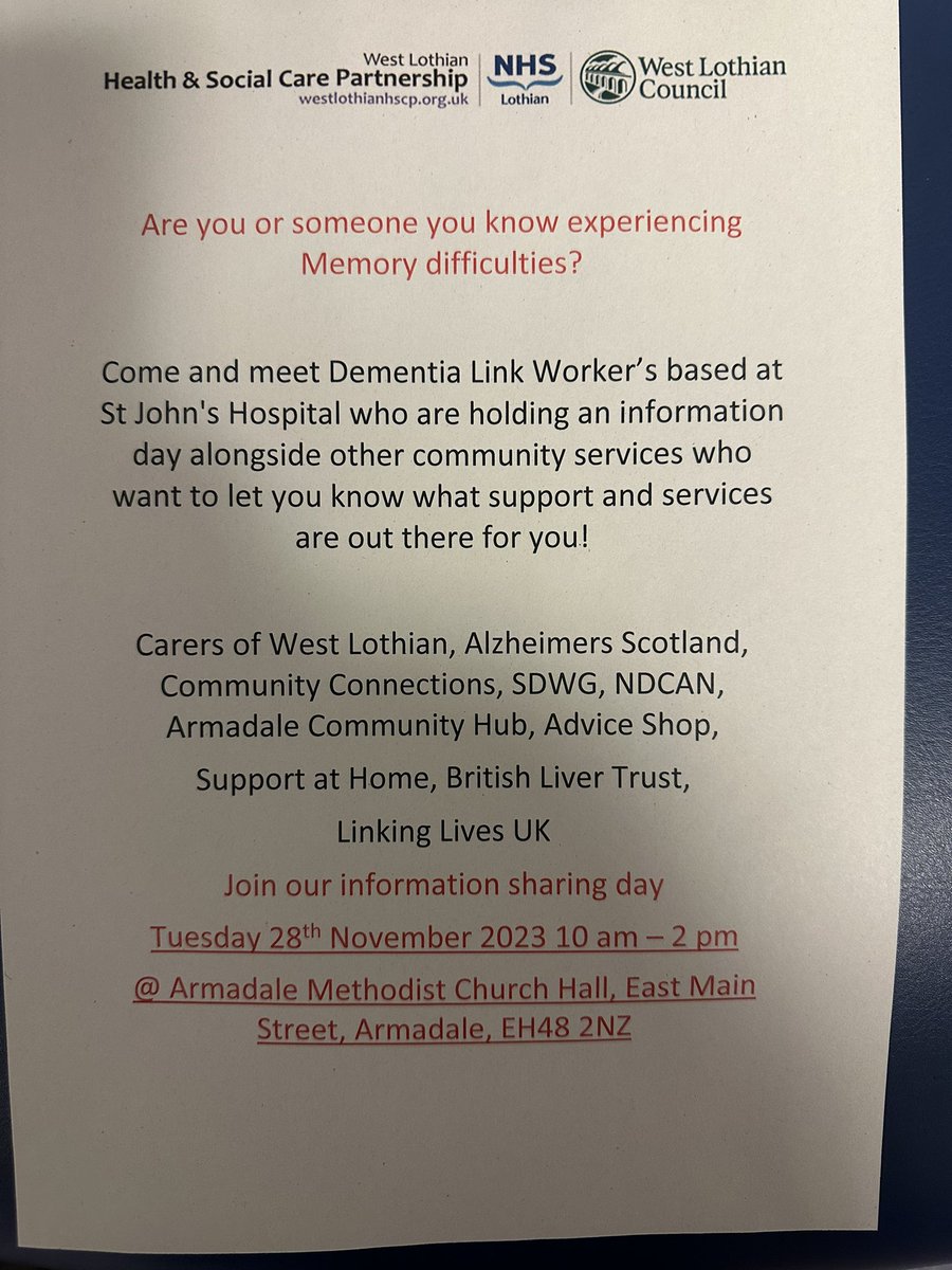 Another event in West Lothian #pds #dementialinkworkers #workingtogether 
@CarersWL @WestLothianHSCP @S_D_W_G @alzscot @sharon_sansome @LindaYule3 @NHS_Lothian @WLMentalHealth