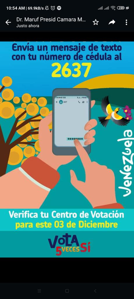 #26Nov Envía un mensaje de texto al 2637 con tu número de cédula y verifica tu centro de votación para este 3dic #VenezuelaMíaYTodaUnida #VenezuelaMía #5VecesSí #ElEsequiboEsDeVenezuela @JohendersonMrt @AlcaldiaFla_