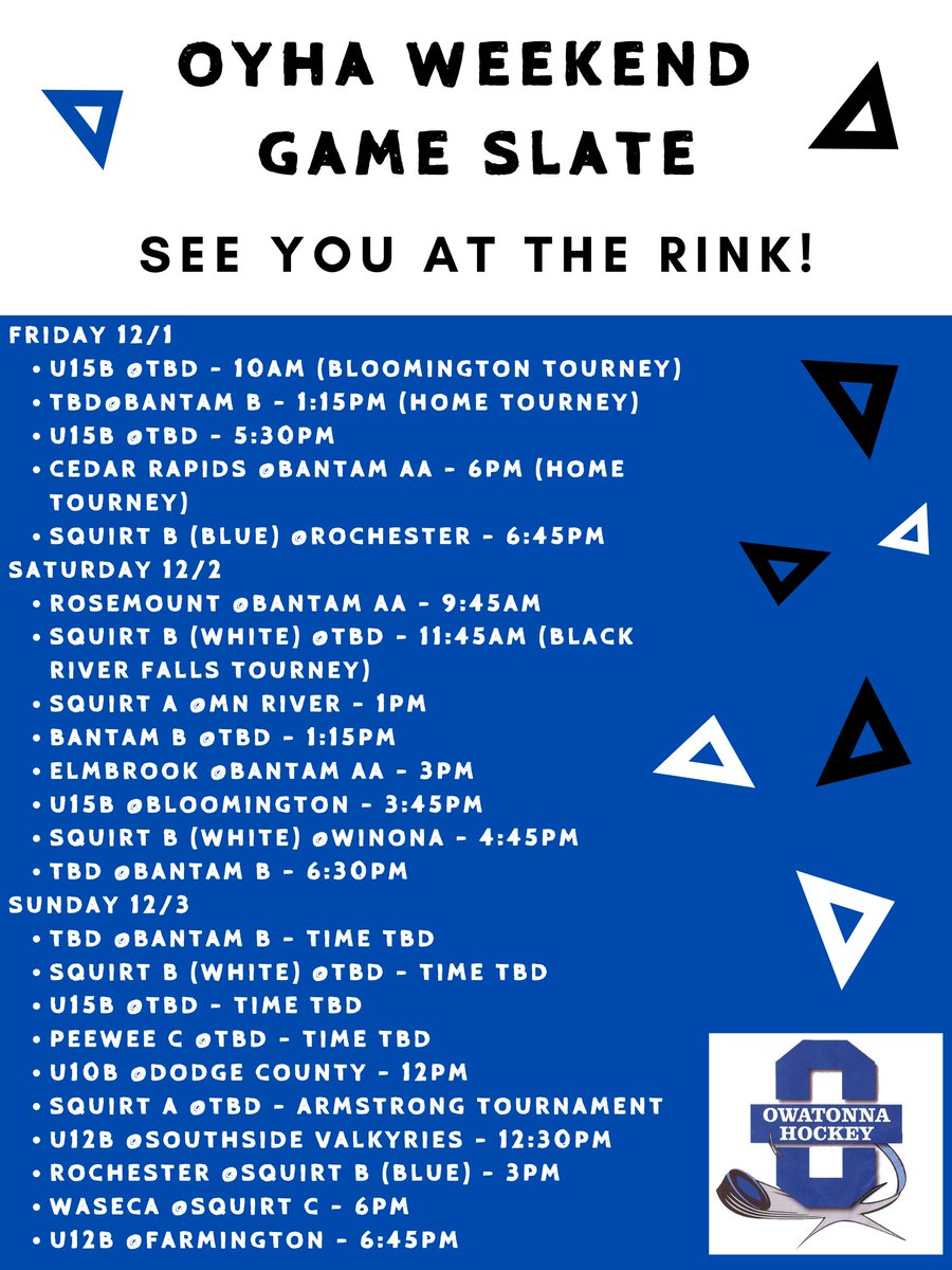 🏒🔥 Big weekend action ahead 12/1 - 12/3! Best of luck to our OYHA players and coaches as they take the ice statewide. 🌟 🐾🏒🥅

Also, special shoutout to our Bantam teams who host their home tournament – for those attending we'll see you at Four Seasons Arena!  #OYHAWeekends