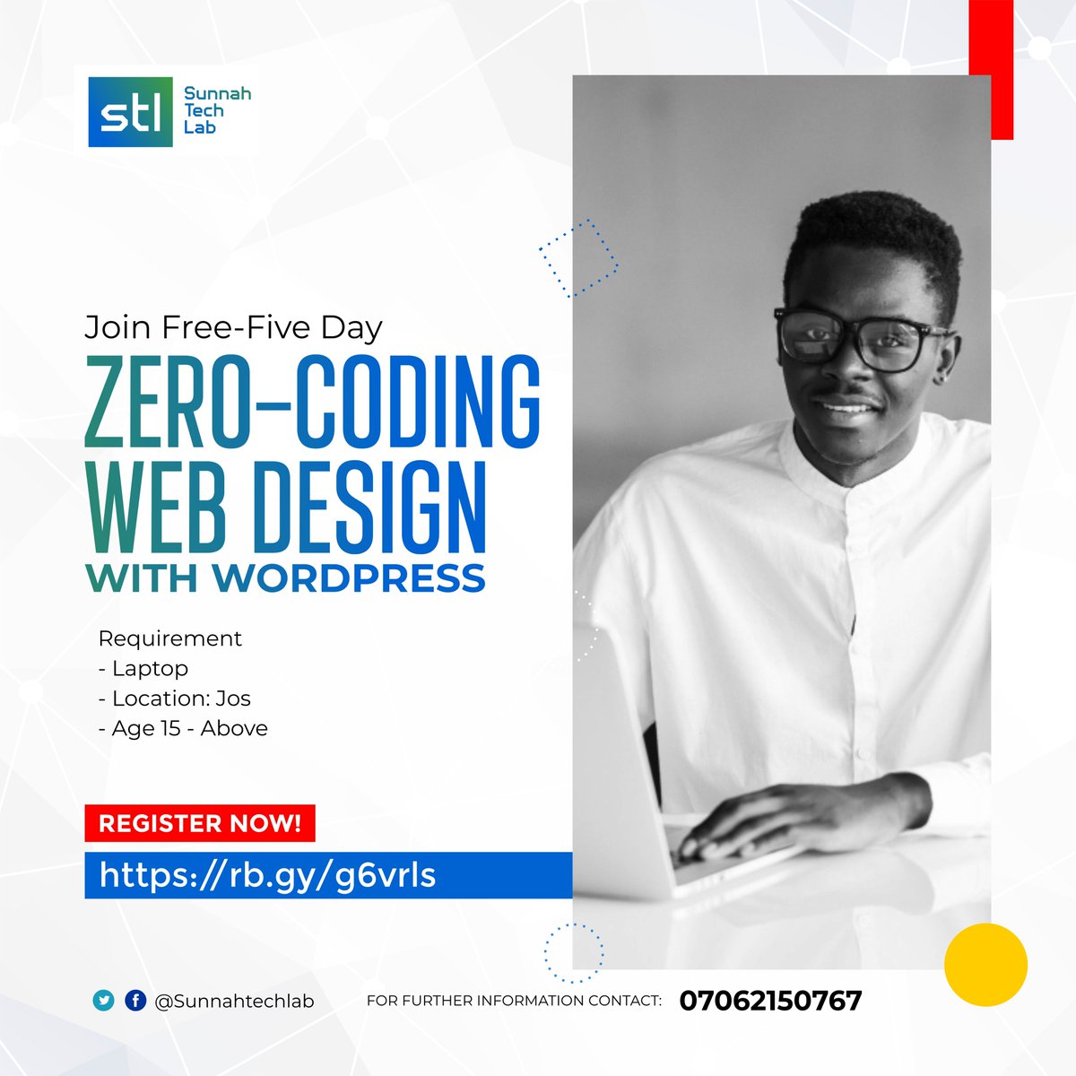 sunnahtechlab's tweet photo. 🚀 Calling all Jos tech enthusiasts! 🌐 Join Sunnah Tech Lab's FREE Five-Day Web Design Training and unlock your creativity with WordPress. 💻✨ Register now: https://t.co/udW033Mhva
🌟 No coding required!
#SunnahTechLab #WebDesignTraining #HelloJosTech https://t.co/ggjoREgRRI