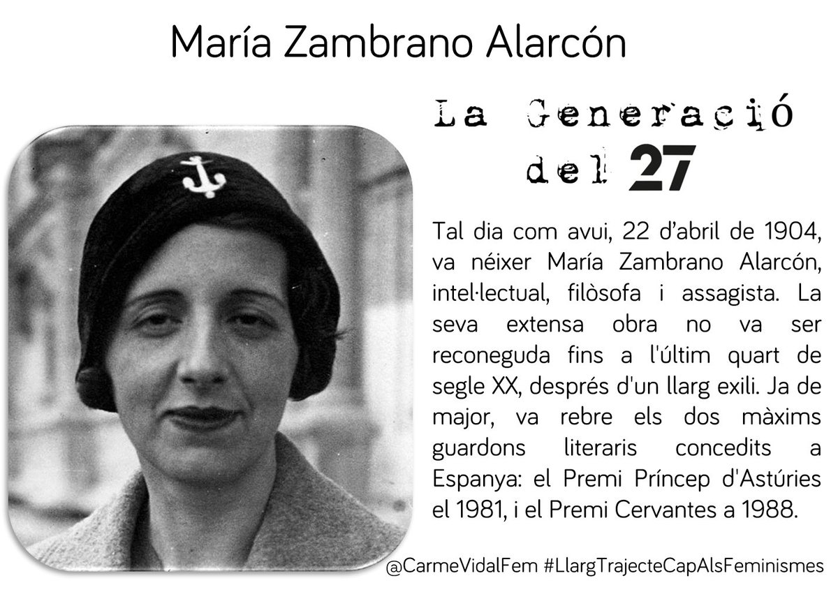 #taldiacomavui, 22 d’abril de 1904, va néixer María Zambrano, intel·lectual, filòsofa i assagista de la #GeneraciónDel27. Va rebre els 2 màxims guardons literaris: el Premi Príncep d'Astúries el 1981, i el Premi Cervantes a 1988. A la #GeneracióDel27 tambè hi havia dones.