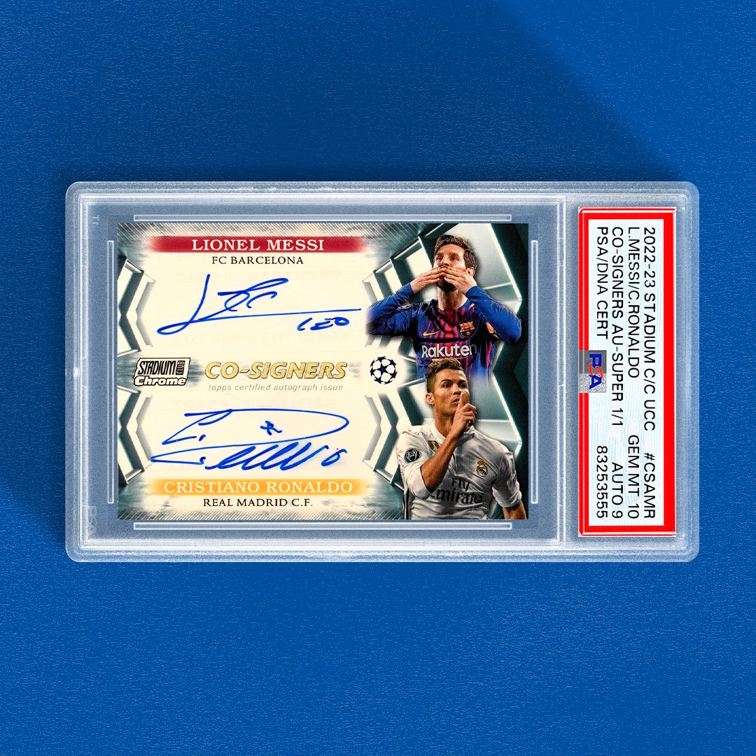 𝙅𝙐𝙎𝙏 𝙂𝙍𝘼𝘿𝙀𝘿 🐐✍️ THE auto combo to have on a modern soccer card. What adds to this Messi x Ronaldo Superfractor 1/1 dual auto is that they're featured in their iconic FC Barcelona & Real Madrid club kits.