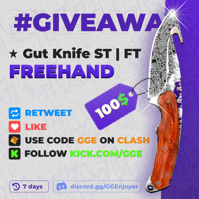 GGEnjoyer's tweet image. 💸💰GUT KNIFE FREEHAND GIVEAWAY💰💸

✅Follow me, like and retweet
✅Follow on kick.com/gge
✅Be on code GGE on @clashdotgg (show proof)

clash.gg/r/GGE

Rolling in 7 day good luck! 🚀

#CSGO #CSGOGiveaways #CS2 #Giveaway #gw #csgoskins #csgoskinsgiveaway
