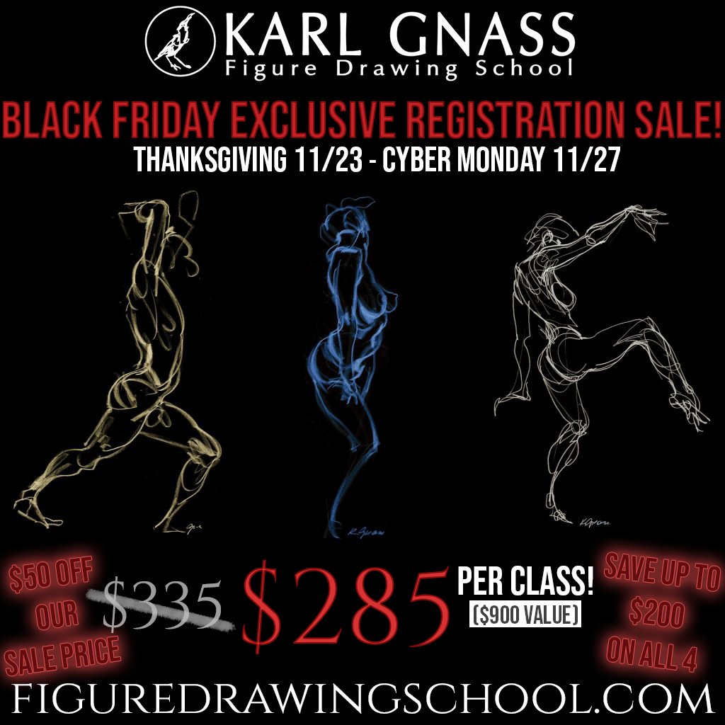 KarlGnass's tweet photo. SALE: ALL CLASSES $285! SAVE UP TO $200 ON ALL FOUR!
THANKSGIVING - CYBER MONDAY 2023 
10-week classes, all skill levels, taught by Karl Gnass, Master Animation Figure Artist &amp; Instructor. Save this holiday season &amp; set yourself up right for the new year! #figuredrawing #artclass https://t.co/JtvLfN3qwX