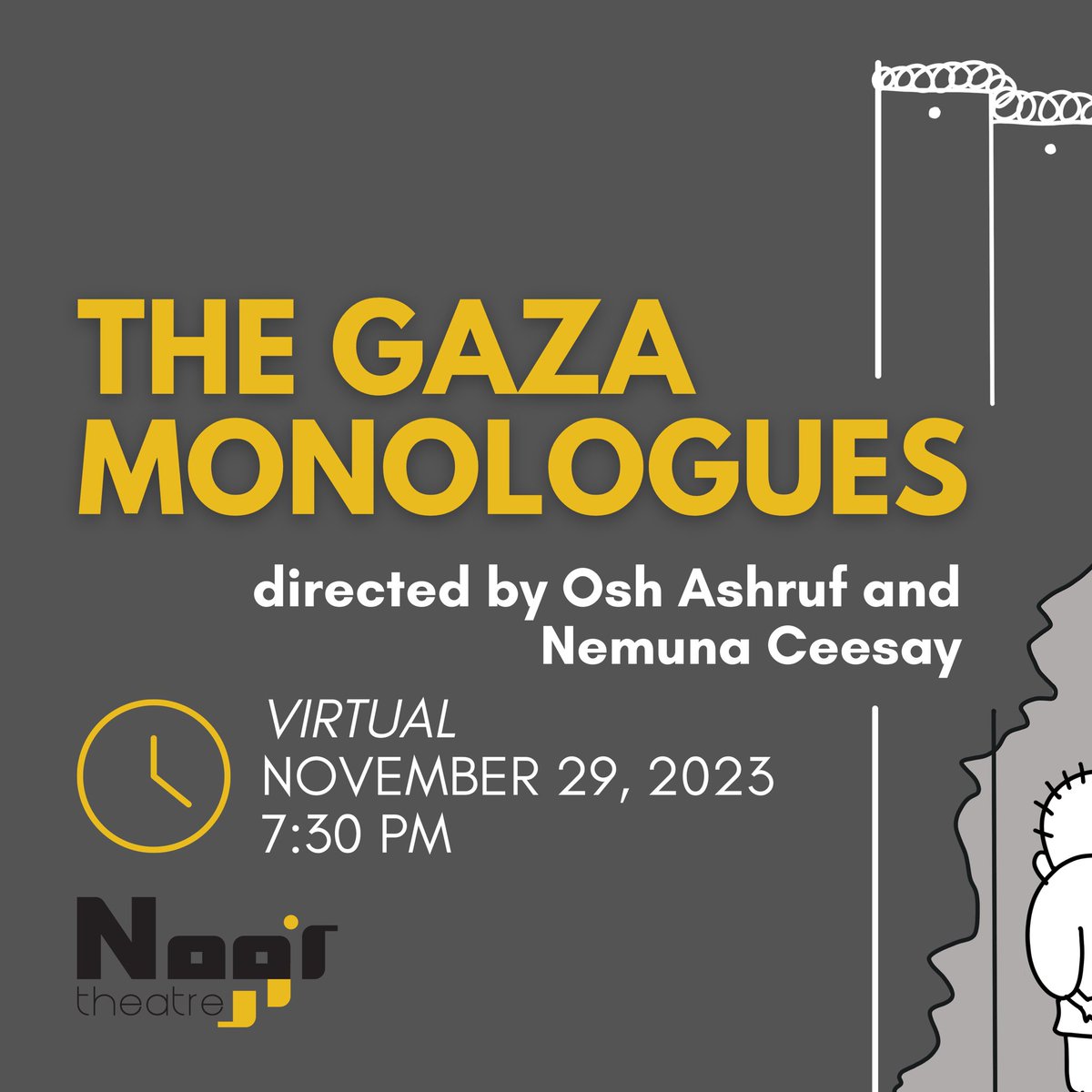 Tune in virtually next Wednesday at 7:30pm ET for the #GazaMonologues. 🇵🇸

Cast announcement to come and streaming link ⤵️

youtu.be/lROk6Ky-gvA

Graphics by @rayanoraptor