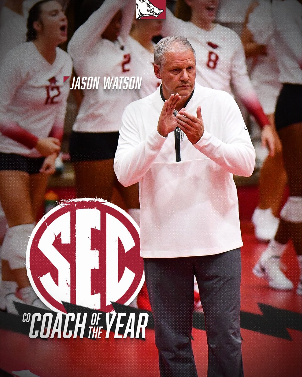 The Head Hog has done it again. 🐗

With another historic season in the works, <a href="/Coach_JDubVB/">Jason Watson</a> has received <a href="/SEC/">Southeastern Conference</a> Coach of the Year honors for the second time in his Arkansas tenure!

📰 bit.ly/3SZ76XU