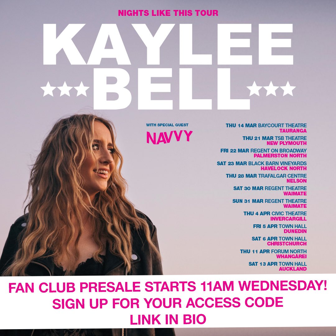 NZ we are bringing the ‘Nights Like This’ tour through the country in 2024 with the incredible @thisisnavvy… sign up for early bird tickets - kayleebellmusic.com