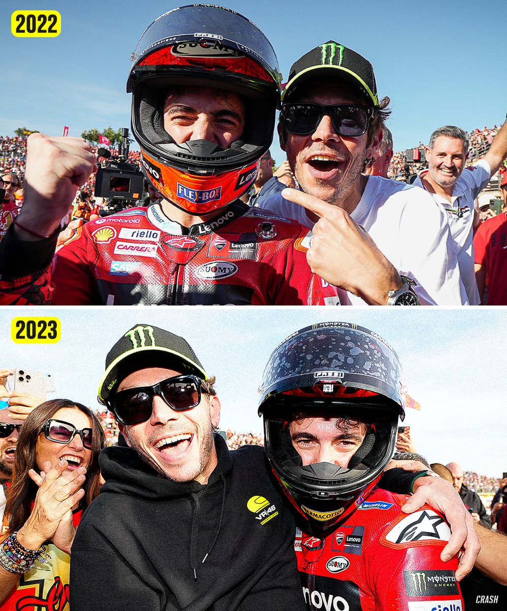 Pecco Bagnaia & Valentino Rossi celebrating together in Valencia is becoming a tradition 🏆🏆

#MotoGP #ValenciaGP
