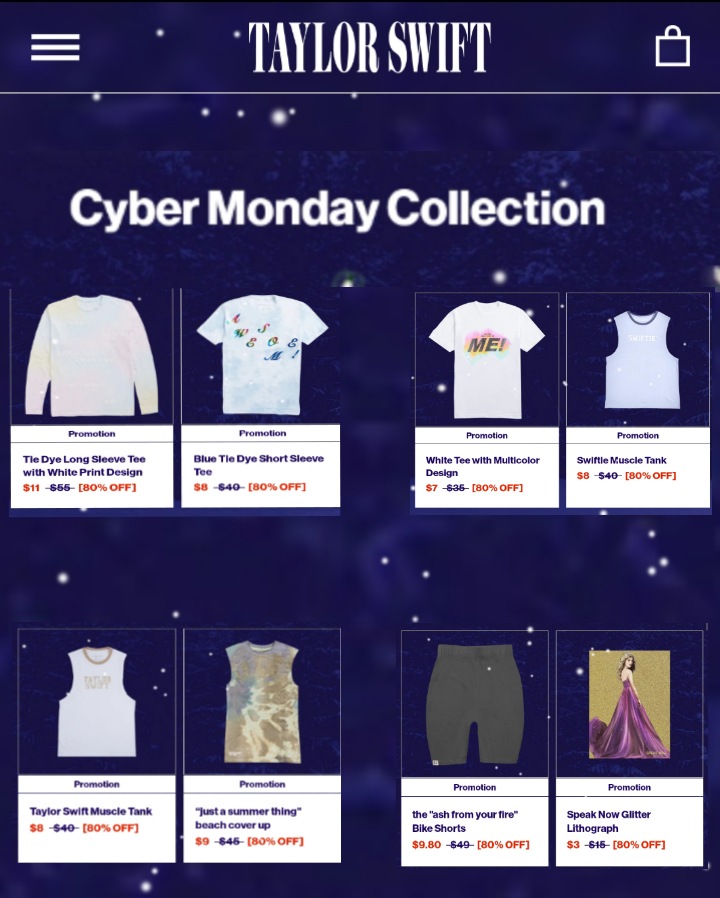 TheSwiftSociety's tweet photo. 🛍️| Cyber Monday has now started on @TaylorSwift13's store https://t.co/LO4vEvVvCy