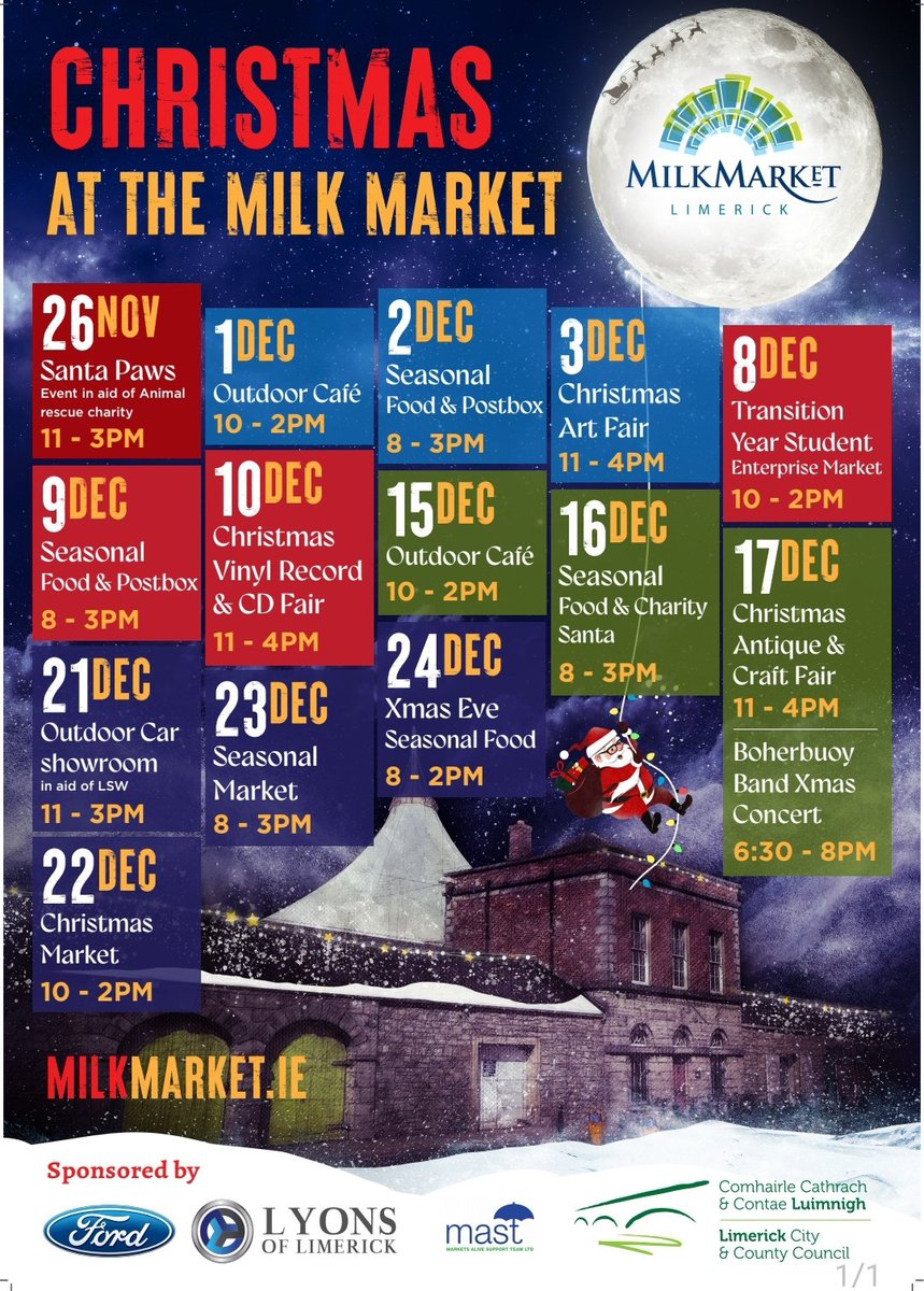 Get into the festive spirit at Limerick Milk Market! Our '12 Days of Christmas' festive events begin on Fri 1st Dec with our Outdoor Café. Why not take in the festive atmosphere while sipping on a hot drink to kick start your #Christmas
#LimerickMilkMarket