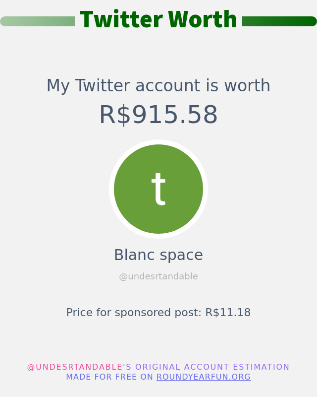 undesrtandable's tweet photo. Meu valor no Twitter é: R$915.58

➡️ https://t.co/nks12N659z https://t.co/YPRFdsw8H8