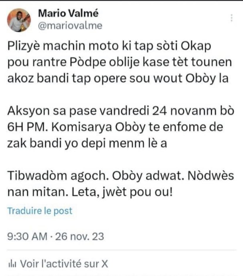 Freud443's tweet photo. Èske nou Kapab di espwa nòdwès fini? depatman an pa gen pòt rantre ankò.M panse la polis Nòdwès pral vin enpwisan wi, jewografikman kote bandi yo, pozisyone yo a, yo pa sou depatman Nòdwès, donk bandi yo deranje nòdwès selman. @DrArielHenry @pnh_officiel . https://t.co/UFJmP63lWI