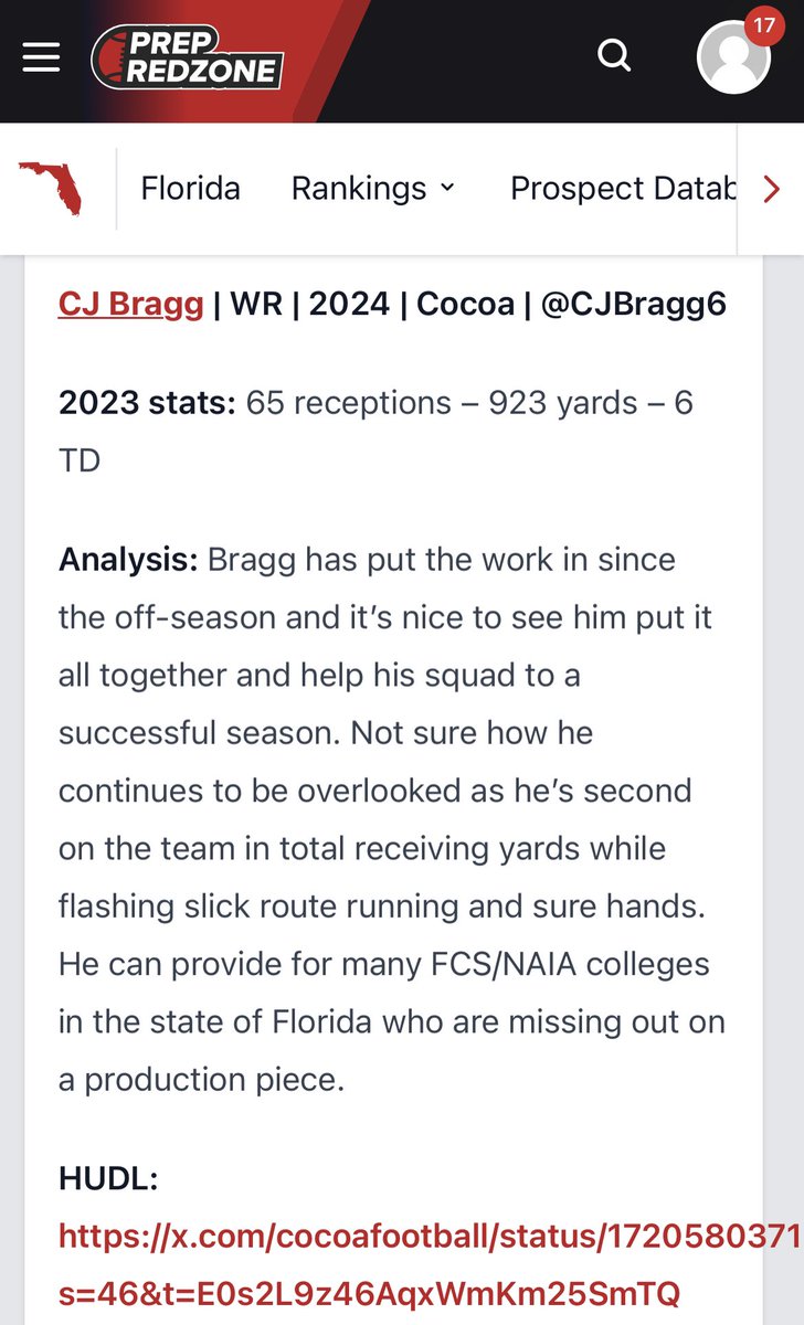 <a href="/CJBragg6/">CJ Bragg⭐️</a> 
3⭐️ WR
5-11, 165 – 3.7 GPA.
TAPE: hudl.com/profile/146884…