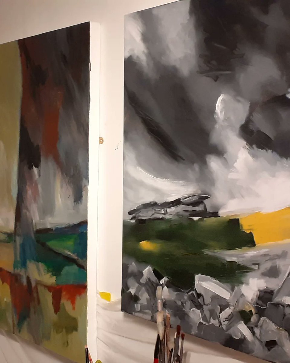 ArtyNewts's tweet photo. Two paintings on the go. The main one I'm working on is a bit of a beast (100cm X 100cm). A little video talk by me is coming soon, explaining a bit about the process. #Dartmoor #landscapelovers #landscapepainting #paintingprocess #devonlandscape #contemporarypainting #abstract https://t.co/0Hpg9ZEf9K