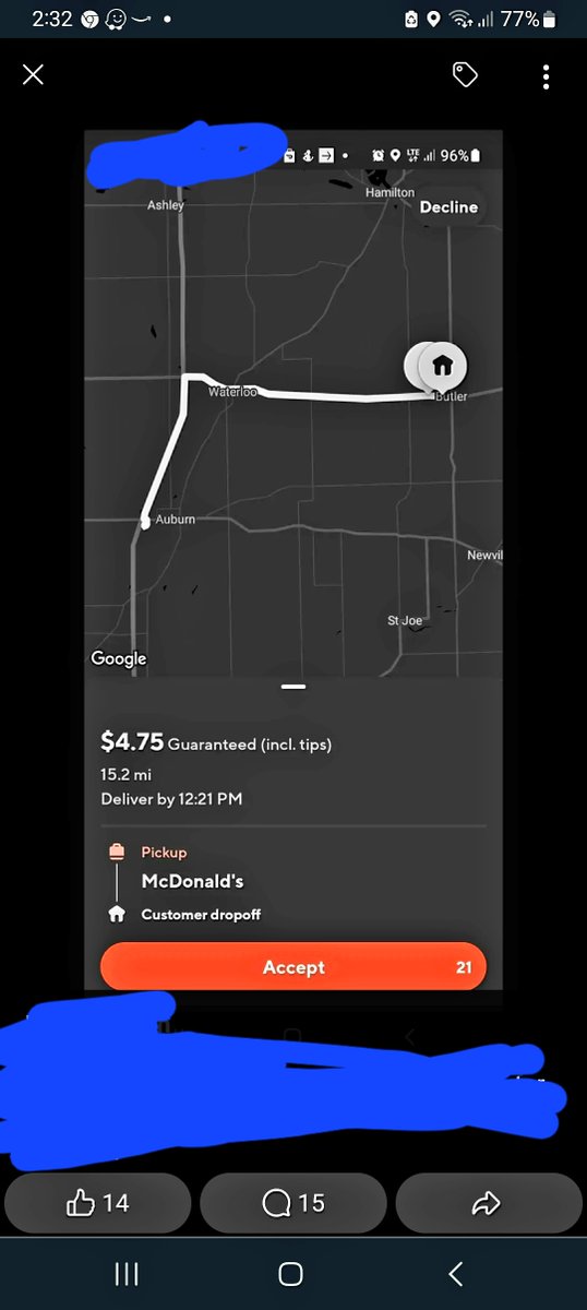 Jbonnette1977's tweet photo. @DoorDash you should be ashamed of yourselves for making drivers have to constantly decline these orders. You expect people to drive 15 miles for $4????? https://t.co/4pukuy2ZMw