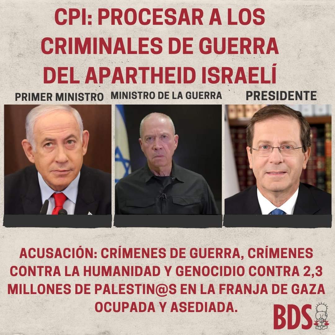 BDSMadrid's tweet photo. #BDS da la bienvenida a una demanda en la Corte Penal Internacional que busca órdenes de arresto para líderes israelíes, por crímenes de guerra y el #genocidio de palestinos en #Gaza.
Pedimos maximizar la presión internacional para su cumplimiento.
⬇️
https://t.co/GuWdGJFYP5 https://t.co/Mu1NBE17Fg