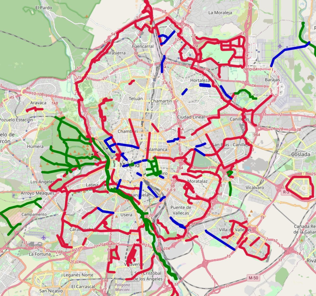 Ojalá Madrid tuviera esa red de carriles bici que adjunta la policía de Madrid en su tweet.
Ojalá vivir en un Madrid así.
Ojalá... 
Pero la vergonzosa realidad es que el mapa de escasos carriles no conectados entre sí, es este:
#Propaganda
#Fake