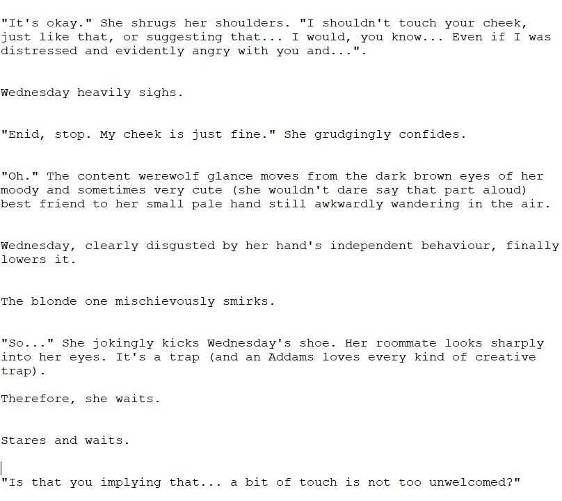 lesbullshit's tweet photo. “Enid, stop. My cheek is just fine.” Wednesday grudgingly confides.

#wenclair #fanfiction #story #wednesdayaddams #enidsinclair #ao3 https://t.co/qxZY4LWWYF