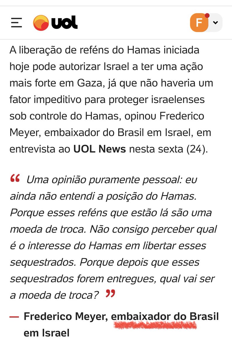 fabiowoficial's tweet photo. São absolutamente INACEITÁVEIS e REPUDIÁVEIS as palavras proferidas pelo Embaixador do Brasil em Israel. 
Ele se coloca claramente contrário à libertação dos reféns Israelenses sequestrados pelo grupo terrorista Hamas. 
Não tem nenhuma condição desse Sr permanecer no cargo. https://t.co/FbvqexcSuh