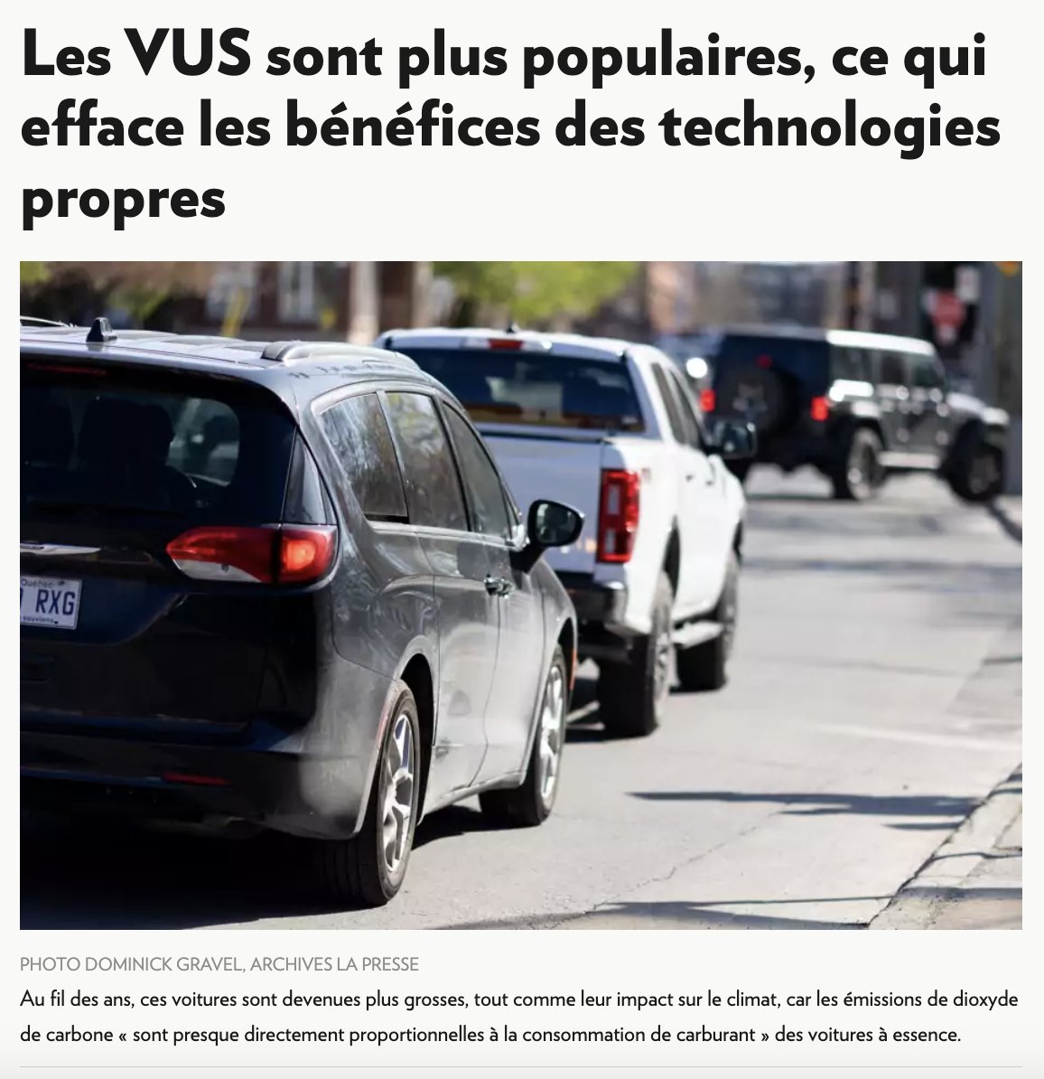 Étude: l’impact négatif des véhicules sur le climat aurait pu diminuer de plus de 30% au cours de la dernière décennie sans l’appétit mondial pour les VUS/si les gens avaient simplement continué à acheter des voitures de même taille au lieu de VUS #climat lapresse.ca/actualites/env…