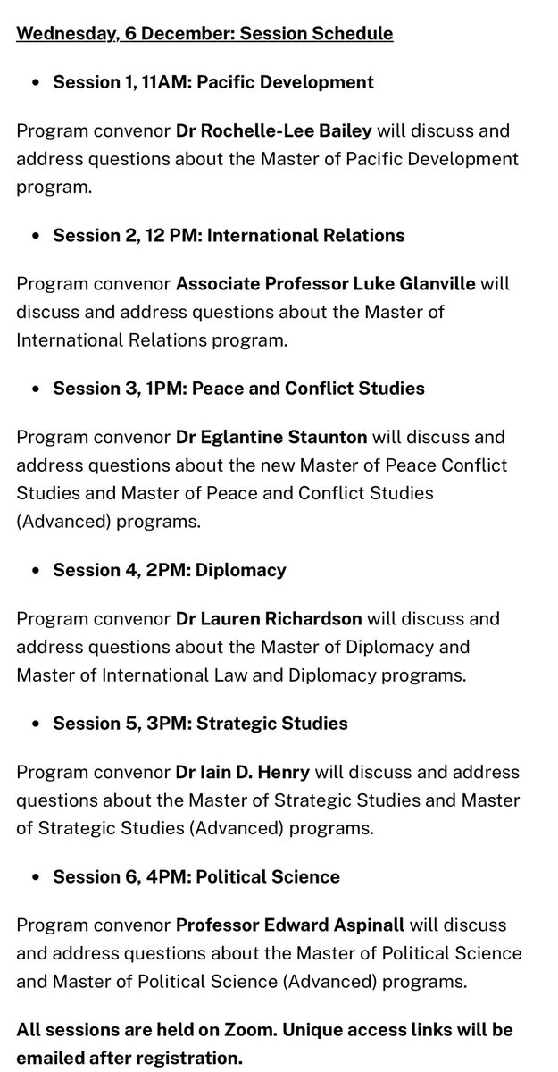 Interested in pursuing a postgraduate degree in International Relations, Diplomacy, or Peace and Conflict Studies @ANUBellSchool? Come along to our ‘Meet the Program Convenors’ info sessions to find out more about our MA programs! 6 December on Zoom bellschool.anu.edu.au/event/Meet-Pro…