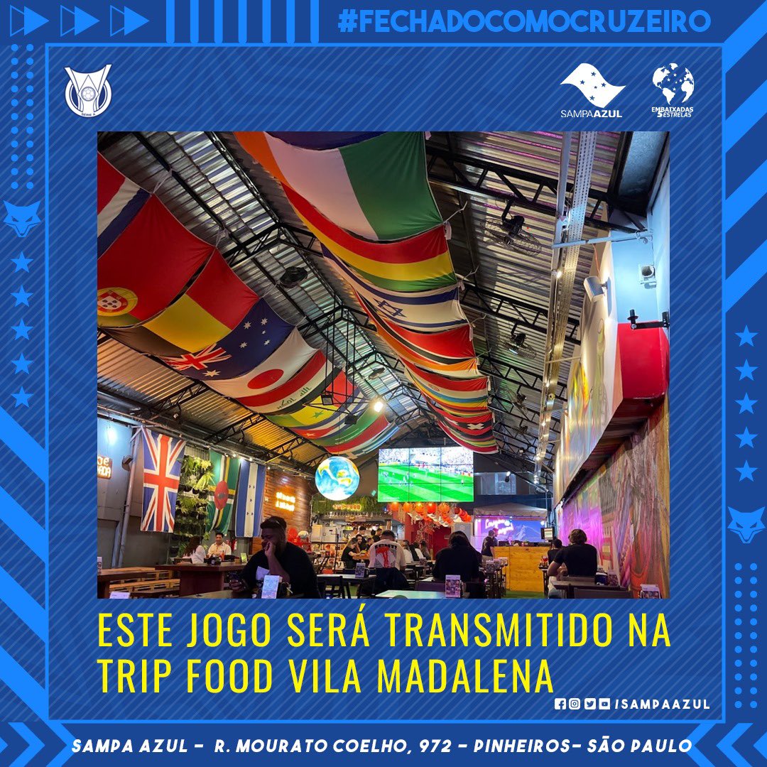 sampaazul's tweet photo. Jogo super importante, só a vitória interessa.
Venha assistir com a gente na @tripfoodsp , no coração da Vila Madalena.
#cruzeiro #embaixada5estrela #embaixadas #redutos #sampaazul #tripfoodsp https://t.co/Glic0z8Sdl