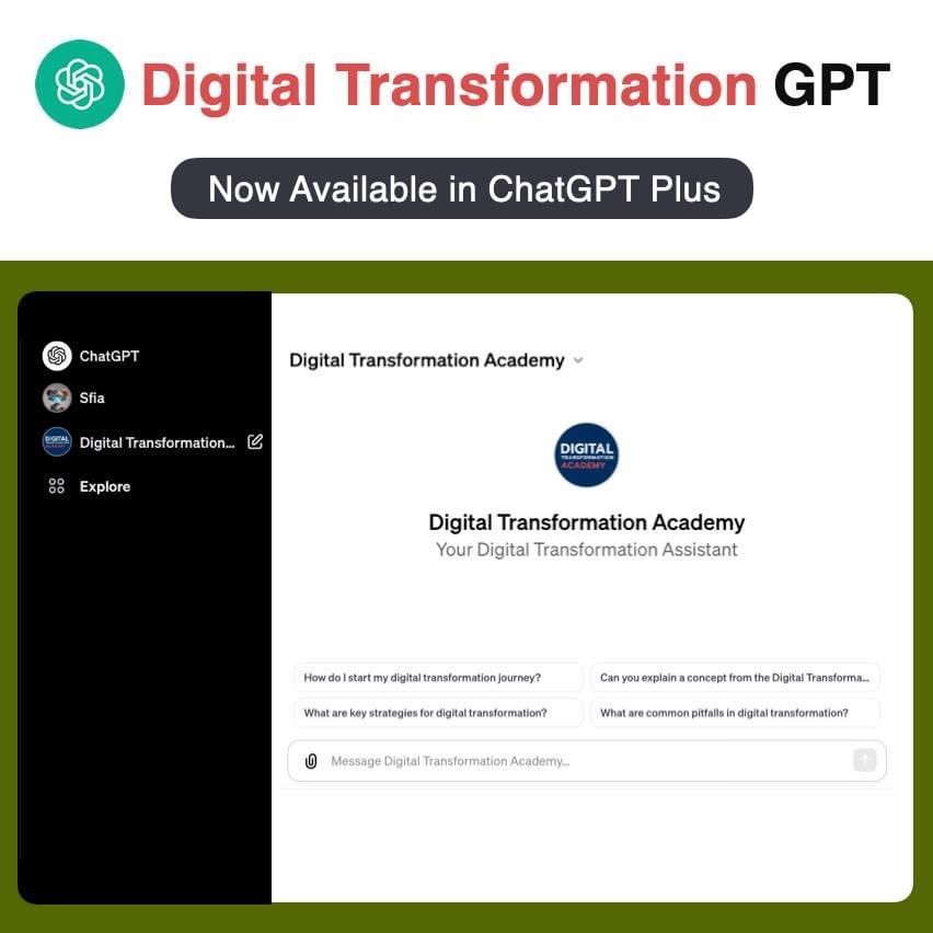 'Digital Transformation' GPT is now available in ChatGPT Plus 
👉 chat.openai.com/g/g-aQaP6usIB-… 

🤖 Coming soon the GPT Store Soon!
.
.
We are your transformation partner.
🚀 digitaltransformationacademy.org

#dxacademy #ai #customgpt #gptstore #aitransformation #dx #dtx #digitaltransformation