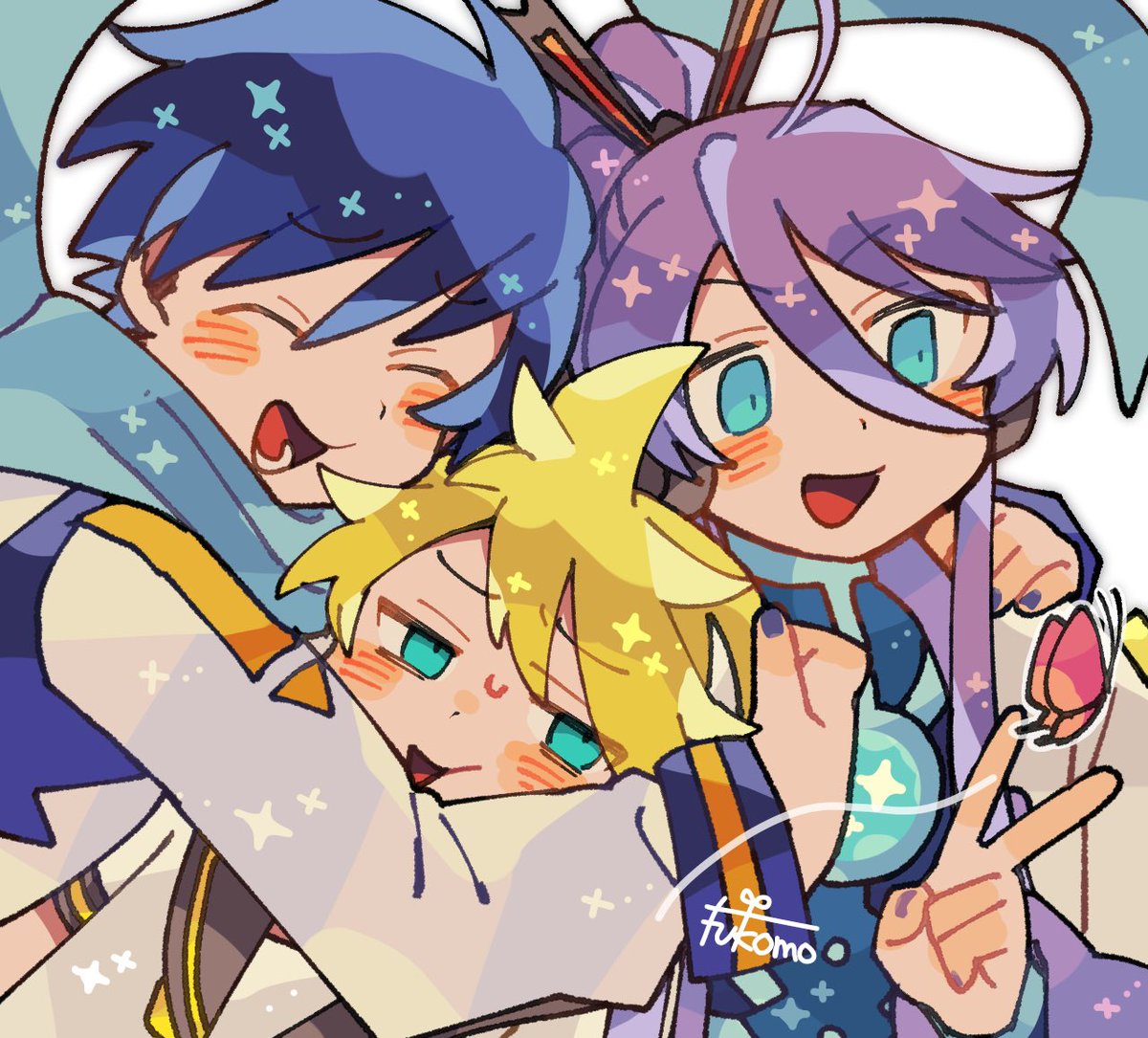 kagamine len ,kaito (vocaloid) ,kamui gakupo blue scarf multiple boys scarf blonde hair purple hair v male focus  illustration images