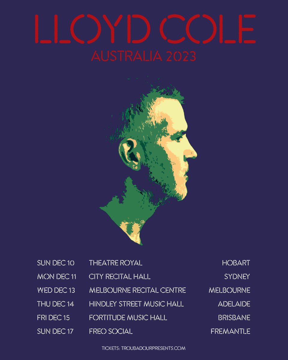 Flying to New Zealand tomorrow. After that it's Australia. I've got 2 guitars and 40 years of songs. Come on out. Tell your pals. All shows and ticket links here - lloydcole.com/live/