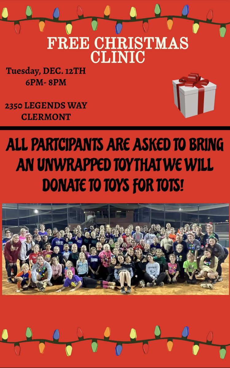 Our favorite event of the year‼️
Bring an unwrapped toy and come hangout with us! 🎁

College coaches from : St. Leo, Webber, and Lake Sumter will be there along with college players &amp; commits!

Excited to make a difference &amp; give back to the community! 🥎

See you there!⬇️