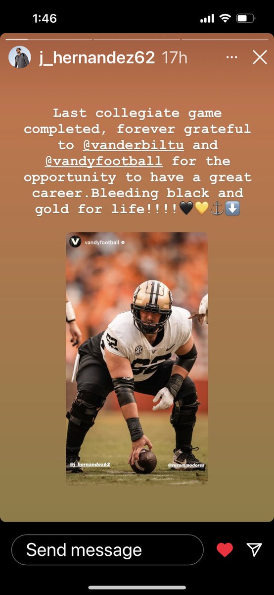 The 40 yr plan started today. He listened to his body and did what’s best for it. There’s only one HERNIE and he’s about to get that VU Masters Degree! Proud of you 62! ⚓️⬇️ Grease Gang for LIFE! 🖤💛 @VandyFootball @VanderbiltU @j_hernandez6
