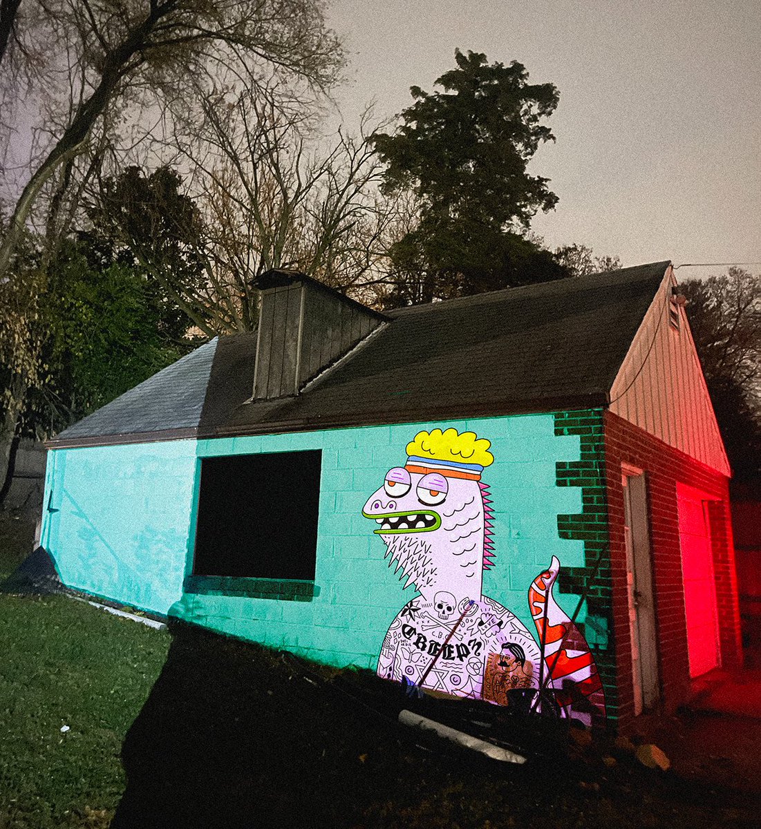 for the 100 likes I'll make a massive <a href="/Overlord_xyz/">Overlord</a> mural on my garage - all lizard PFP's required to vote. will add all our sponsors and collabs. filmed in a full 4k time lapse video. choice is yours 🕯️ (this is a shitty rendor, I can add multiple PFP's just DM me)